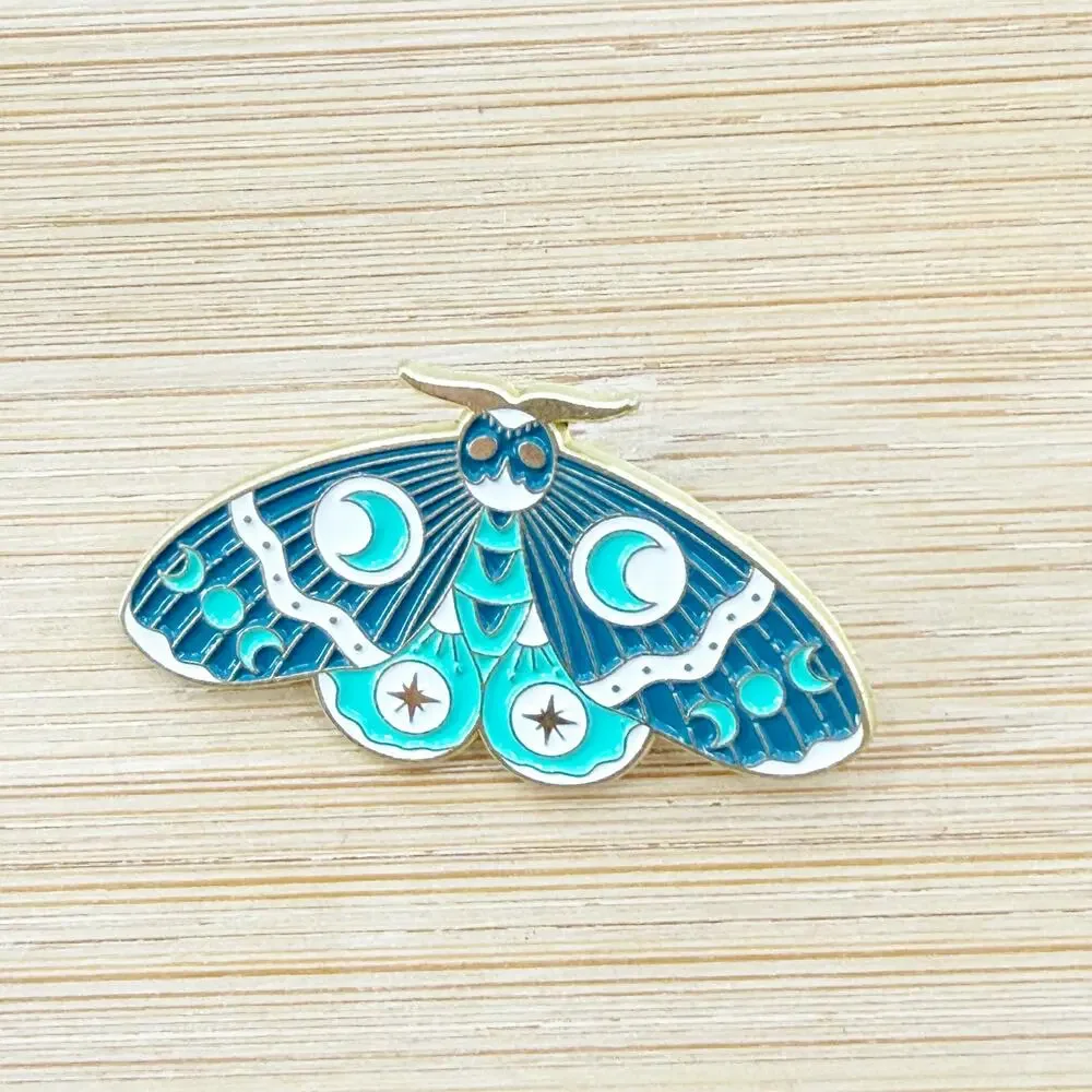 Teal Whimsical Celestial Moth with Safety Pin Back